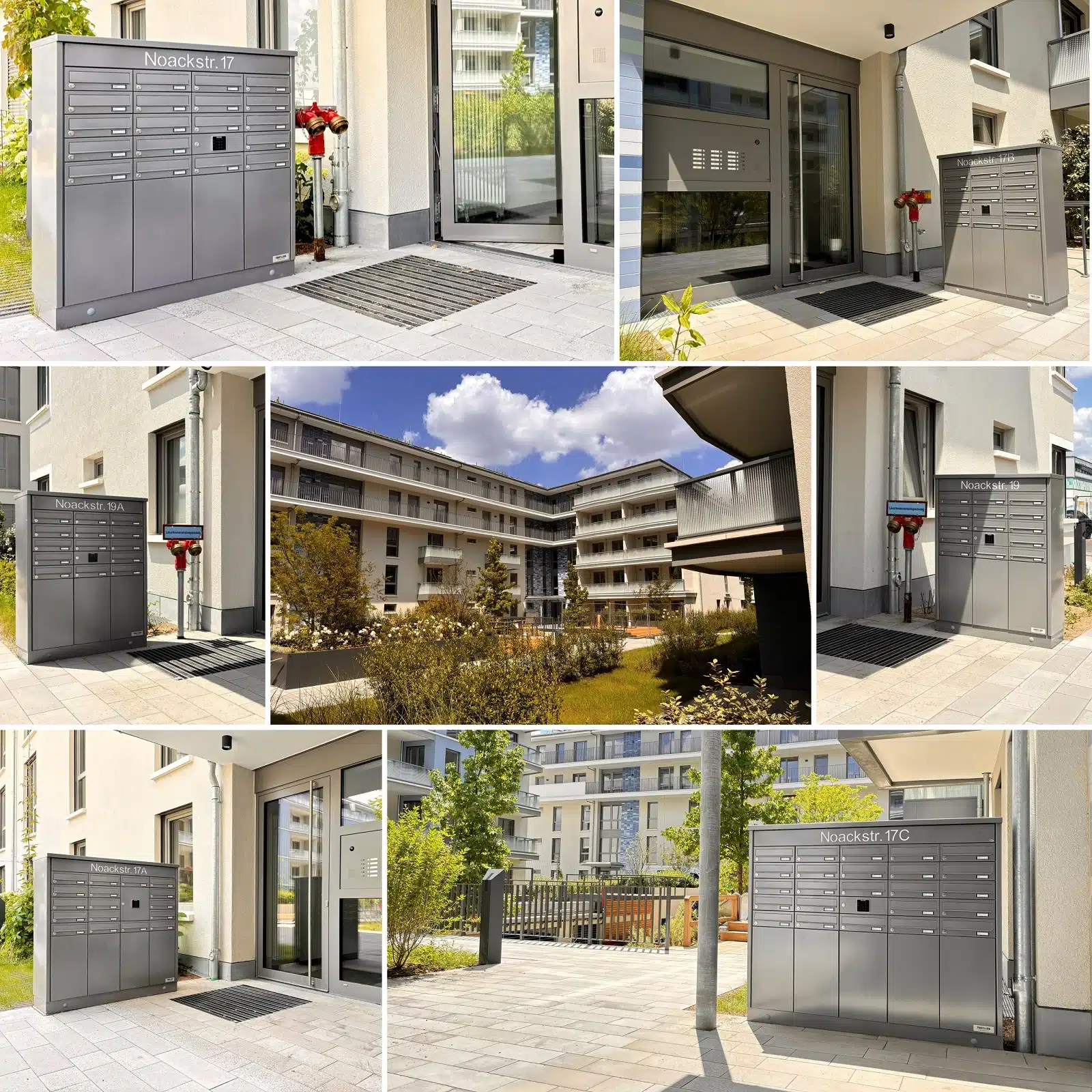 Diese Collage zeigt sechs mittelgraue, kombinierte Brief- und Paketkastenanlagen an Hauseingängen eines neugebauten Quartiers.