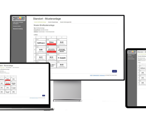 Screenshot der label.paketin.de Anwendung für die Verwaltung der digitalen Namensschilder auf einem Computerbildschirm, auf einem Tablet und einem Laptop